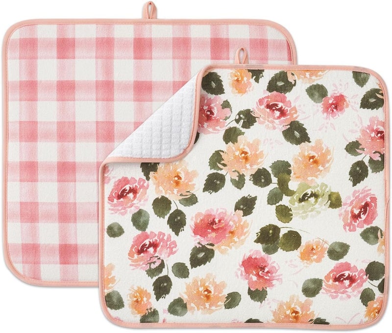 Fresh Mint Printed Dish Drying Mats for Kitchen Counter 2 Pack Absorbent Reversible Drying Mats Microfiber Kitchen Countertop Protector Dishes Drying Pad Extra Large 18"x16" Dish Mat (Floral) - Image 1